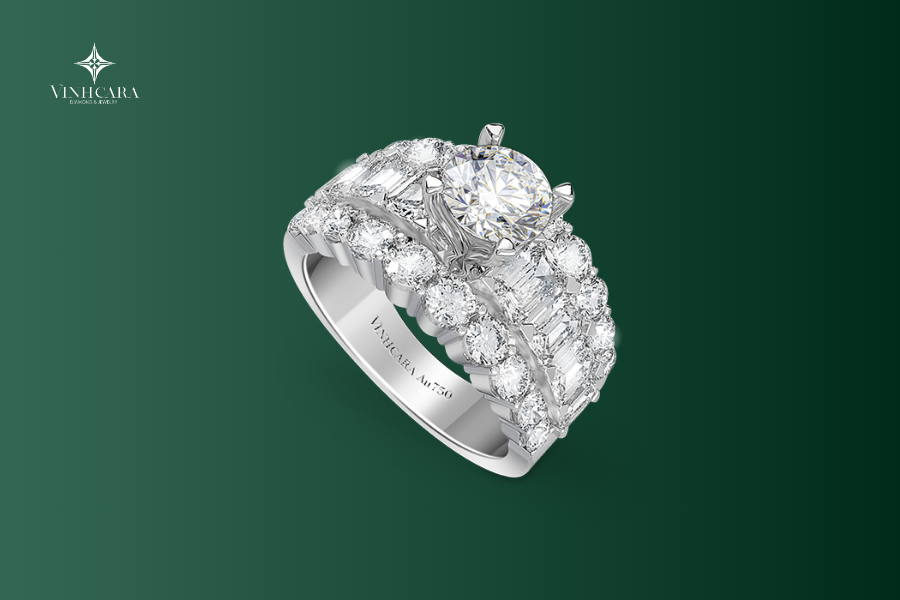 Vỏ nhẫn nữ Kim cương Vàng trắng 18K VCR NN-0452 địu đà